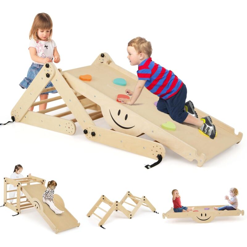 foto del prodotto costway 5 in 1 set da arrampicata per bambini, giochi da arrampicata pieghevoli in legno con rampe regolabili e reversibili, scala da arrampicata