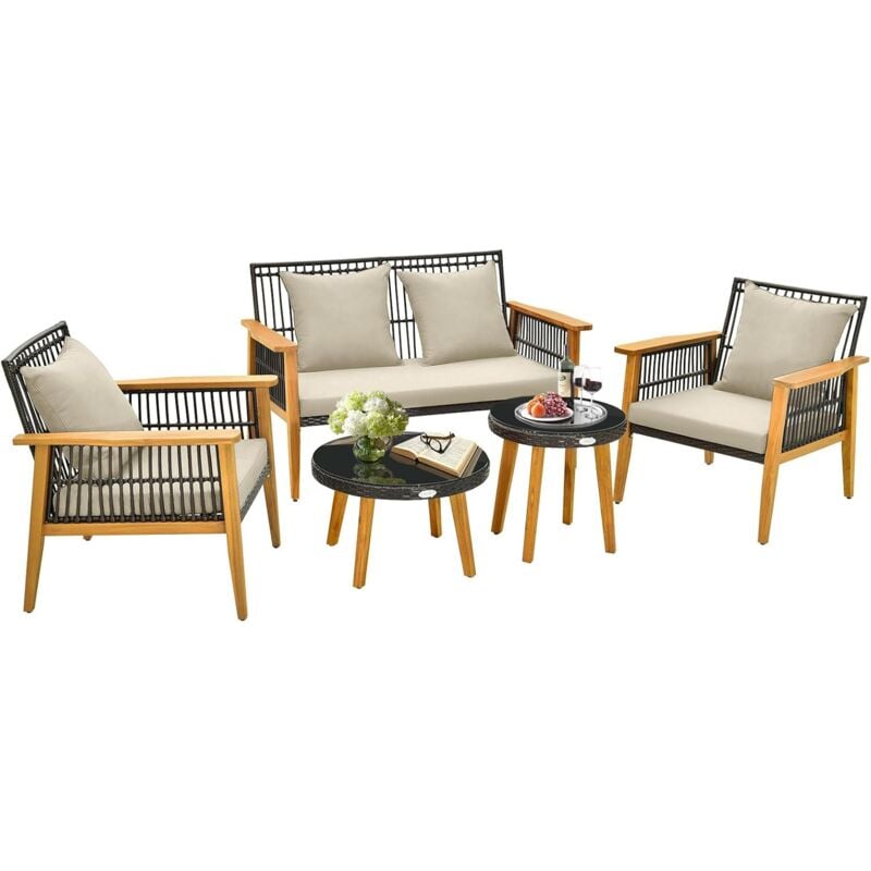 foto del prodotto costway 5 pezzi set da conversazione da giardino, set di sedie in rattan con 2 tavolini da caff , con cuscini e telaio stabile in legno di acacia,