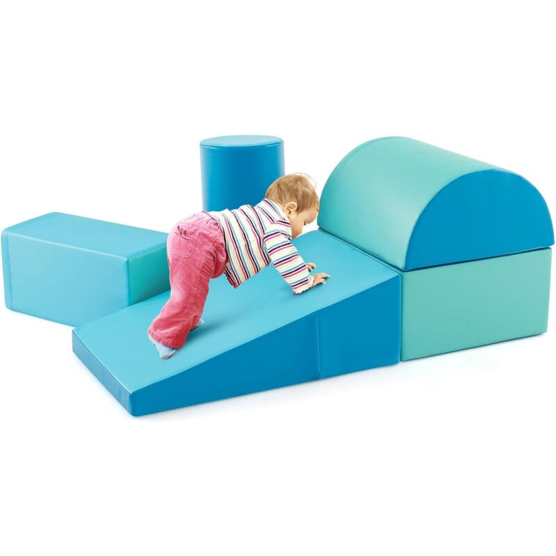 foto del prodotto costway 5pcs parcours motricit b b en mousse avec housse en pu, module motricit b b avec fermeture clair formes diff rentes, jouets ducatifs
