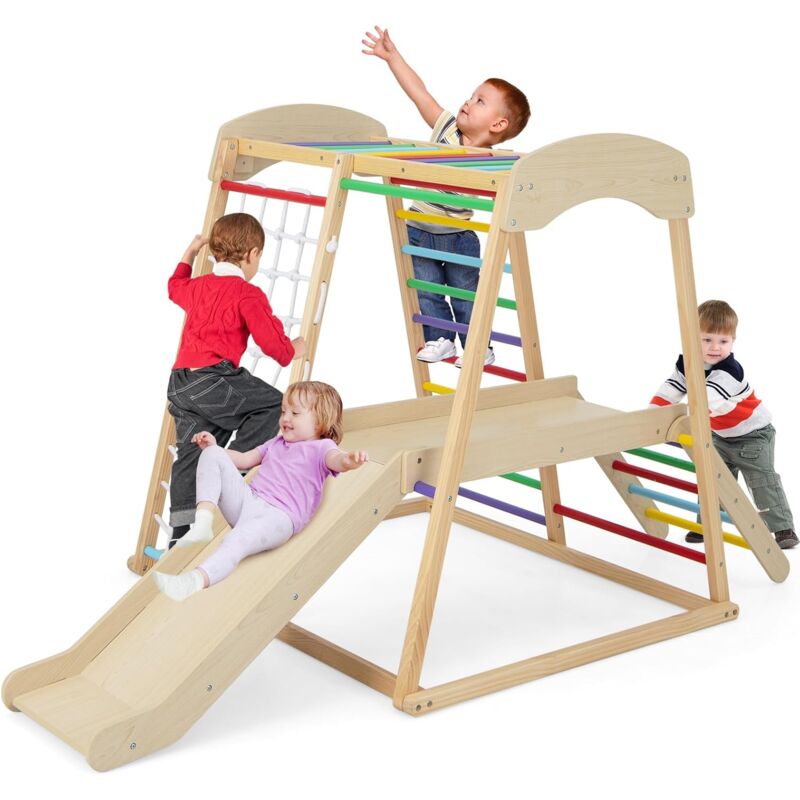 foto del prodotto costway 6 in 1 set arrampicata per bambini, palestra in legno con barre di scimmia scivolo corda e scale in legno, parco giochi per bambini 1 anni