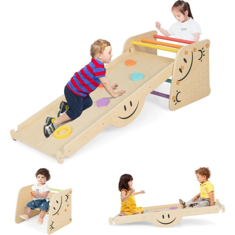foto del prodotto costway 6 in1 set arrampicata per bambini, giocattoli da arrampicata in legno con rampe reversibili, altalena, sgabello regolabile in altezza,