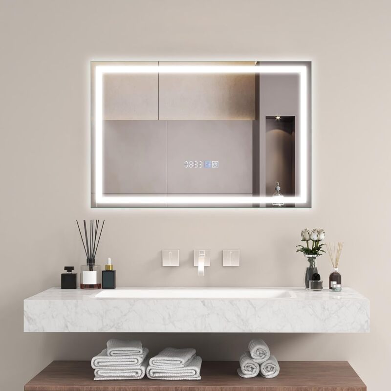 foto del prodotto costway 60x40 75x50 cm specchio da bagno a led, specchio rettangolare a parete con luminosit regolabile, 3 temperature di colore, funzione