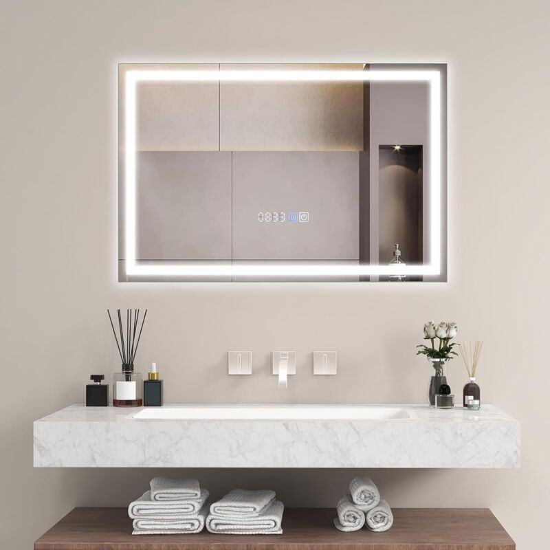 foto del prodotto costway 60x40 75x50 cm specchio da bagno a led, specchio rettangolare a parete con luminosit regolabile, 3 temperature di colore, funzione