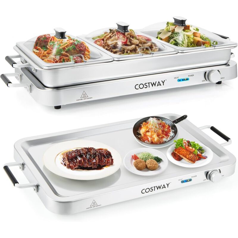 foto del prodotto costway 9 l scaldavivande elettrico portatile, 2 in 1 vassoio riscaldante elettrico con controllo della temperatura, scalda vivande in acciaio da