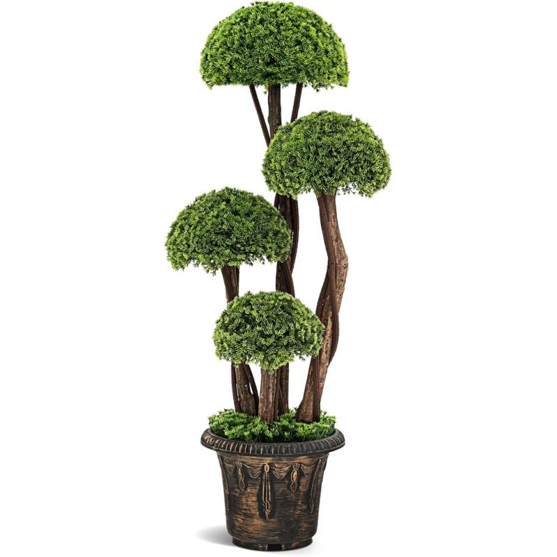 foto del prodotto costway albero artificiale 90 cm, cipresso finto da interno ed esterno con tronco in rattan e vaso riempito di cemento, pianta artificiale