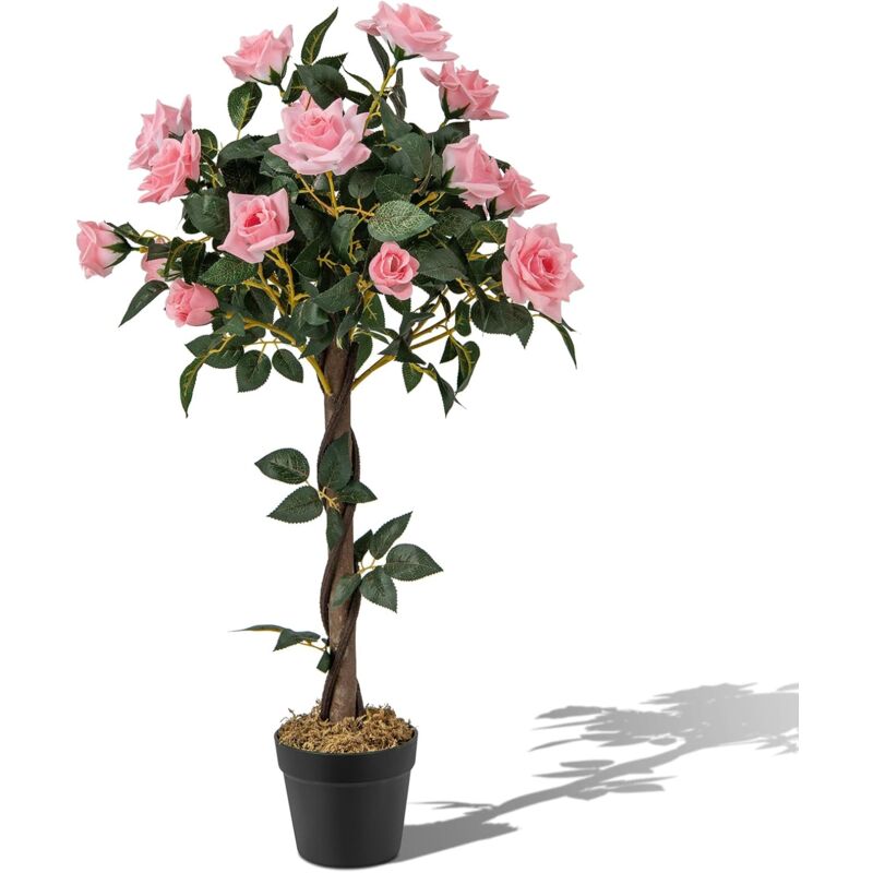 foto del prodotto costway albero artificiale con fiori, albero di fiori finti da 93 cm con rose, vaso, tronco in legno reale, senza manutenzione, pianta finta in