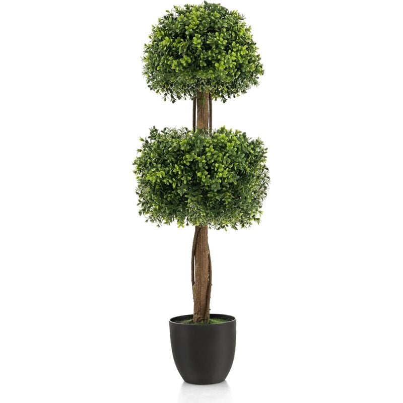 foto del prodotto costway albero bosso artificiale da 100 cm, albero finto con doppia sfera e vaso di plastica riempito di cemento, piante finte resistenti ai raggi