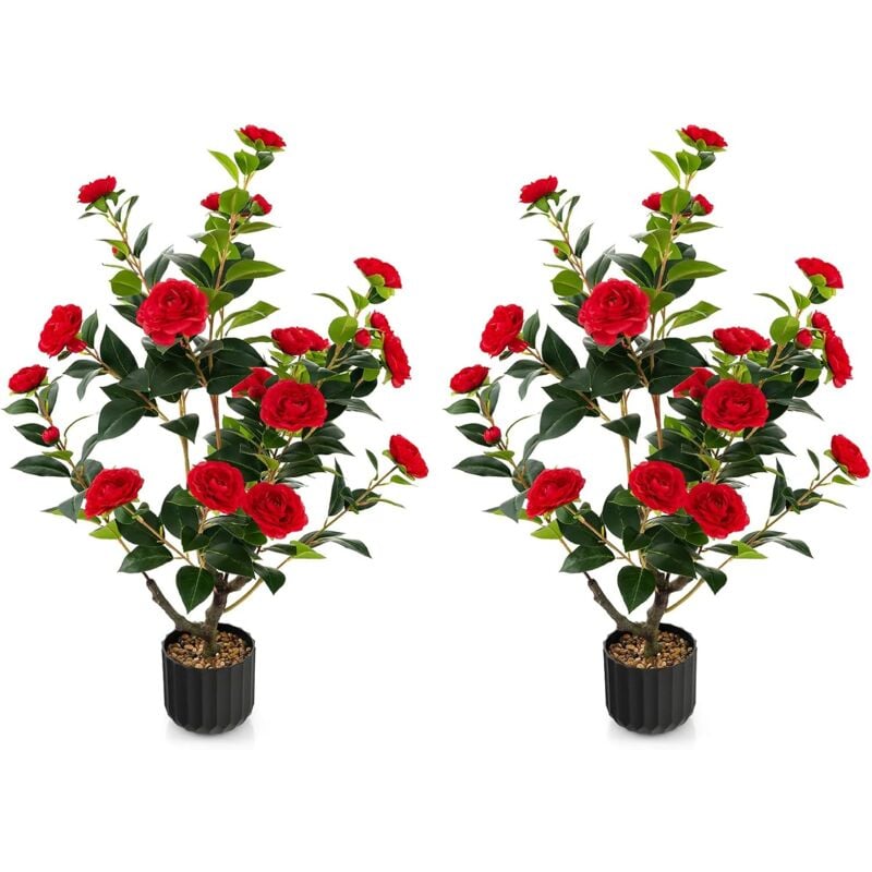 foto del prodotto costway albero di camelia artificiale da 95 cm, pianta artificiale con fiori finti in vaso di cemento, decorazione per casa e ufficio rosso 