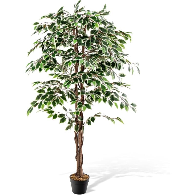 foto del prodotto costway albero di fico artificiale 160 cm, pianta finta da interno con 1008 foglie, tronco naturale in legno, vaso robusto, muschio secco, albero