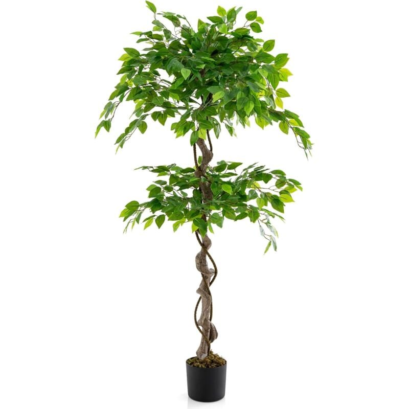 foto del prodotto costway albero di fico artificiale alto 150 cm, pianta finta con 882 foglie, tronco realistico, muschio secco, albero di fico in vaso per casa,