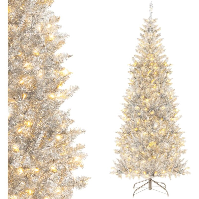 foto del prodotto costway albero di natale 180 cm, albero di natale artificiale argento con 790 rametti, 300 luci a led bianco caldo, supporto pieghevole in metallo,