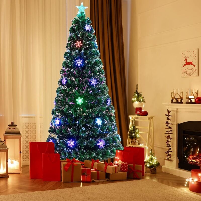 foto del prodotto costway albero di natale 90 120 150 180 cm, albero di natale con luci led, rami densi, stelle luminosi e fibre ottiche, albero di natale realistico