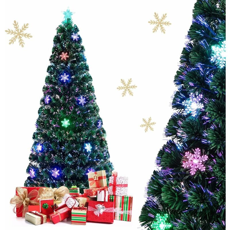 foto del prodotto costway albero di natale 90 120 150 180 cm, albero di natale con luci led, rami densi, stelle luminosi e fibre ottiche, albero di natale realistico e