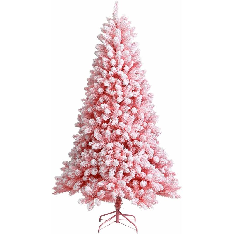 foto del prodotto costway albero di natale rosa floccato 150 180 cm, albero di natale artificiale innevato a cerniera con base pieghevole di metallo, pino realistico