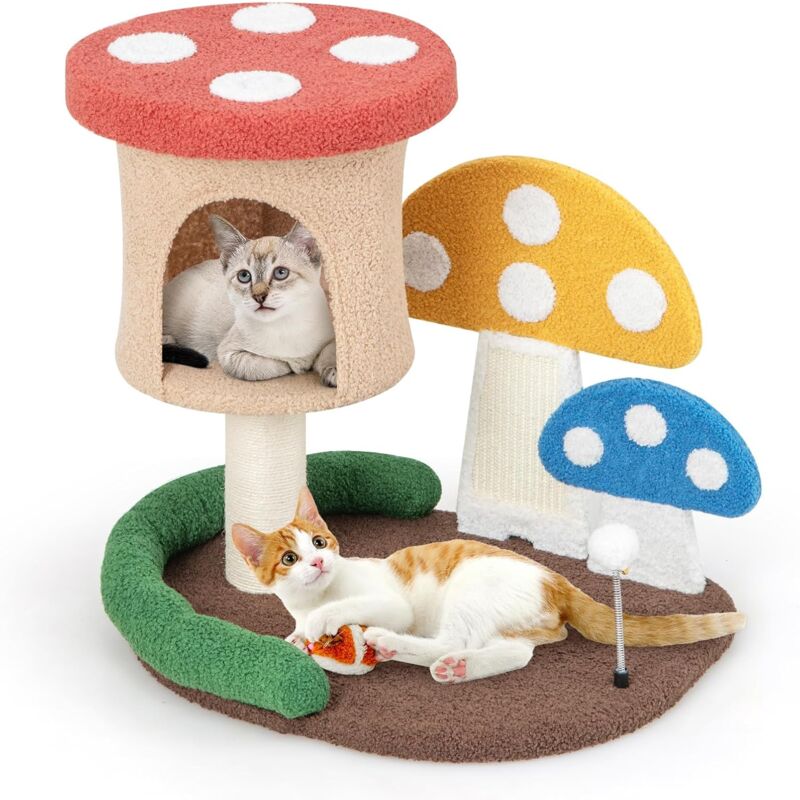 foto del prodotto costway albero per gatti 4 in 1 con condo e piattaforma, torre per gattini a forma di fungo con palo avvolto in sisal, tiragraffi e palla a molla