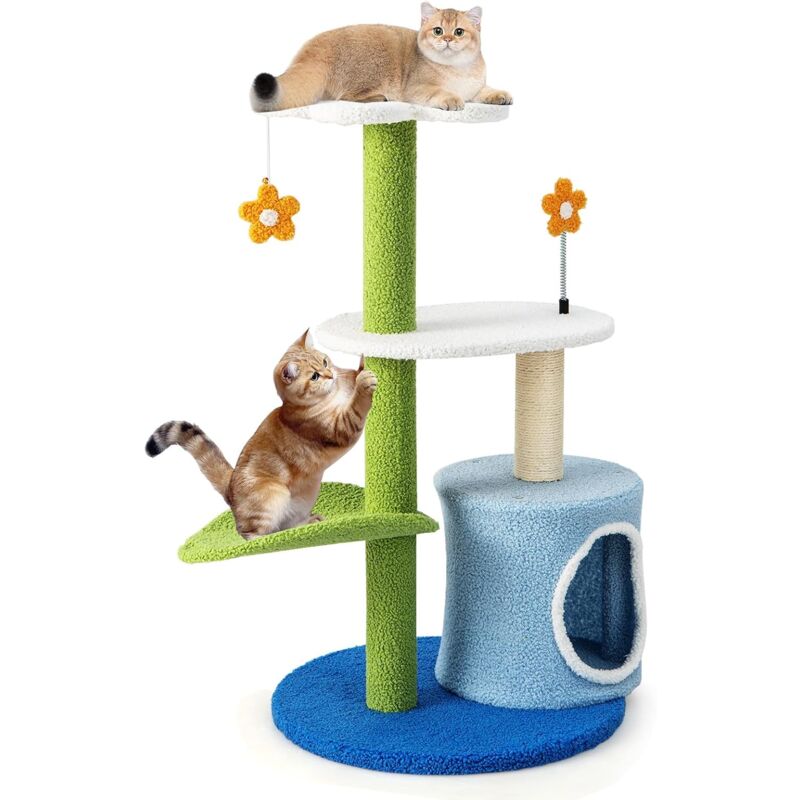 foto del prodotto costway albero per gatti a forma di fiore con tira graffi ricoperto di sisal trespolo a forma di foglia in tessuto, soffice pallina, centro