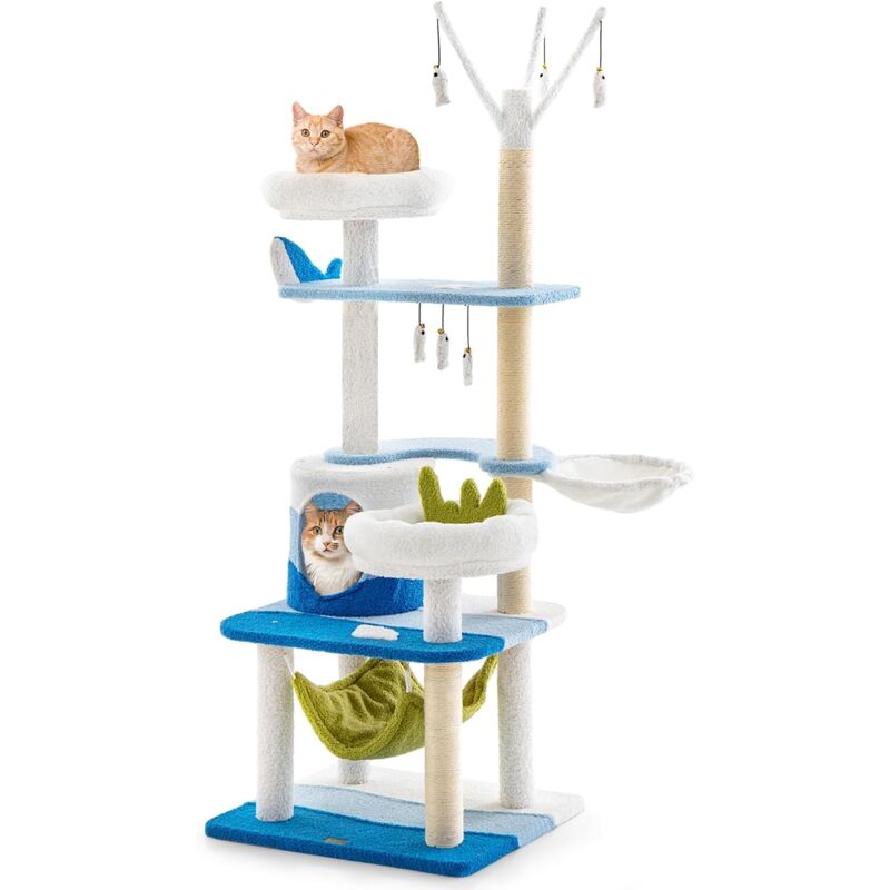foto del prodotto costway albero per gatti a tema oceanico, torre per gatti con pali tiragraffi in sisal, cuccia, piattaforma, amaca, piattaforme di salto e