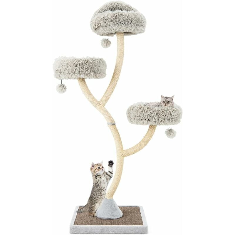 foto del prodotto costway albero per gatti alto 178 cm, albero tiragraffi per gatti con telaio di supporto curvo in metallo, 3 cucce calde e palline, pali e tavoletta