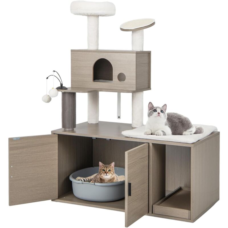 foto del prodotto costway albero per gatti con mobile per lettiera, torre per gatti moderna 2 in 1 con cuccia, piattaforma superiore, tiragraffi, piattaforme