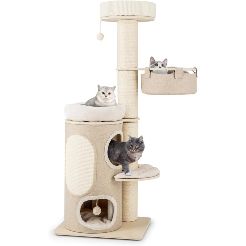 foto del prodotto costway albero per gatti da 154 cm, torre per gatti multi livello con condominio a 2 piani, ampio piazzale, tiragraffi in sisal, moderno centro