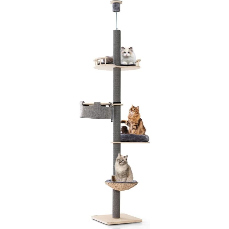 foto del prodotto costway albero per gatti da pavimento a soffitto con altezza regolabile da 236 a 271 cm, torre per gatti in legno a 5 piani con amaca, letto e