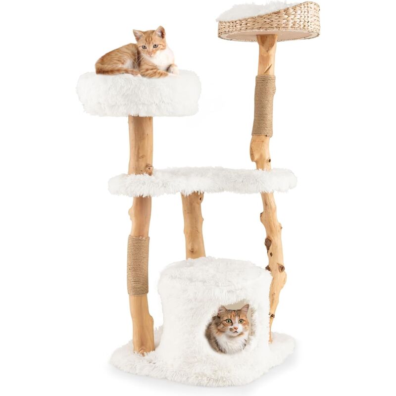 foto del prodotto costway albero per gatti in legno alto 124 cm, albero tiragraffi per gatti in legno massello con pali di corda di juta, albero moderno per gatti