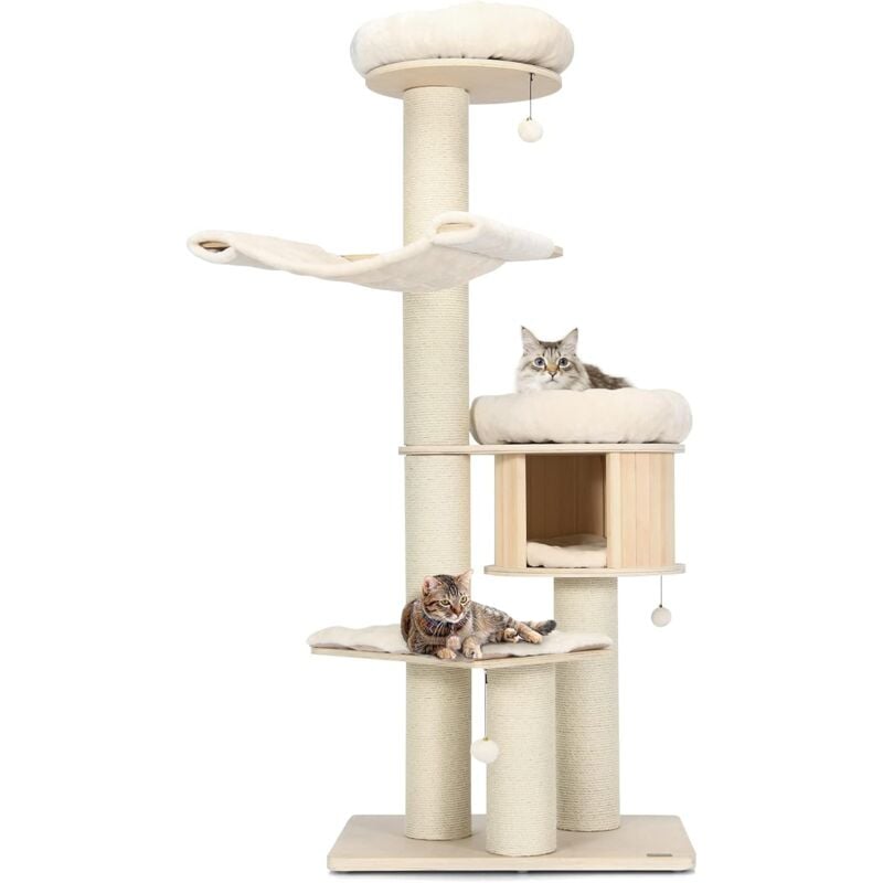 foto del prodotto costway albero per gatti in legno massiccio da 174 cm, torre per gatti a 4 livelli con pali sisal, nicchia per gatti, trespoli, amaca, palline,