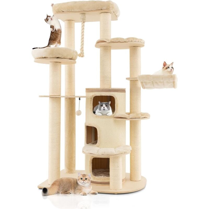 foto del prodotto costway albero tiragraffi da 173 cm per gatti, torre per gatti in legno con nicchia a 3 piani, 2 cucce tiragraffi, piattaforme, amaca, mobili
