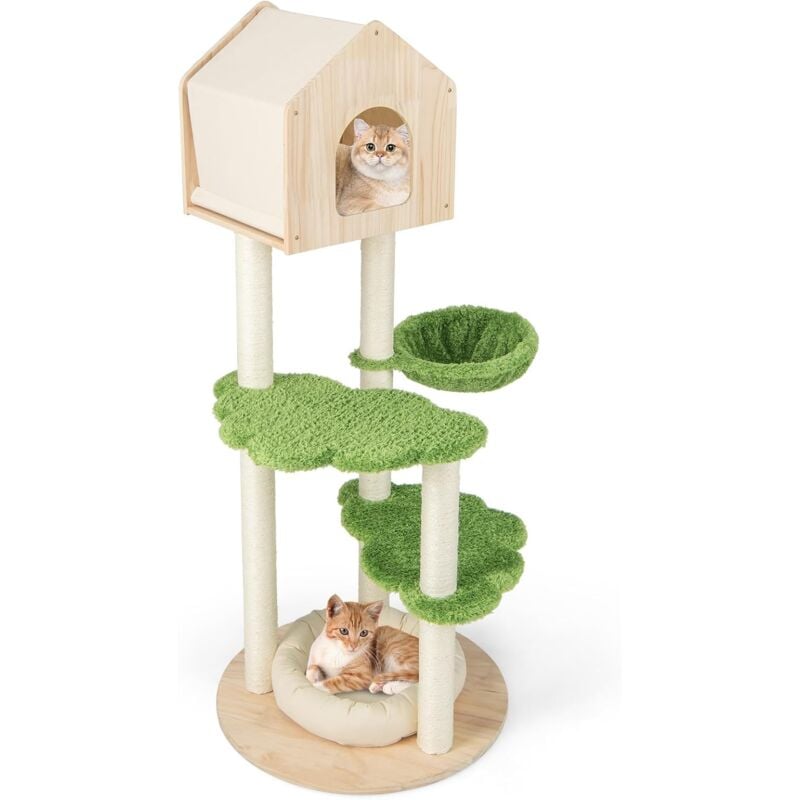 foto del prodotto costway albero tiragraffi per gatti 139 cm, torre multi livello in legno con tiragraffi in sisal, piattaforme di salto, trespolo e amaca, centro di
