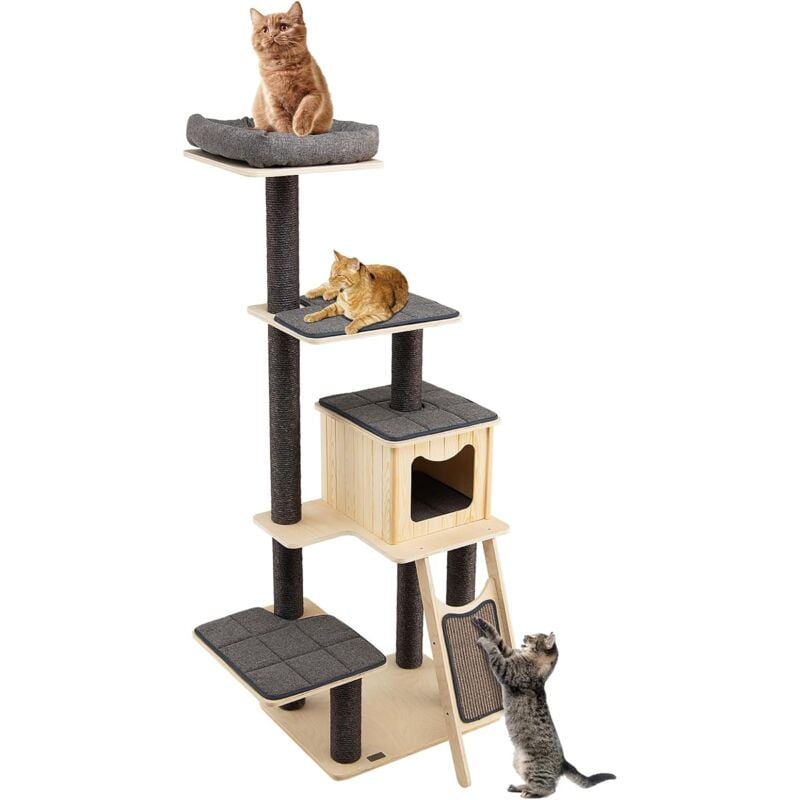 foto del prodotto costway albero tiragraffi per gatti alto 175cm con pali sisal e rampa tiragraffi, tiragraffi per gatti moderna a 6 livelli con cuscinetti nicchia
