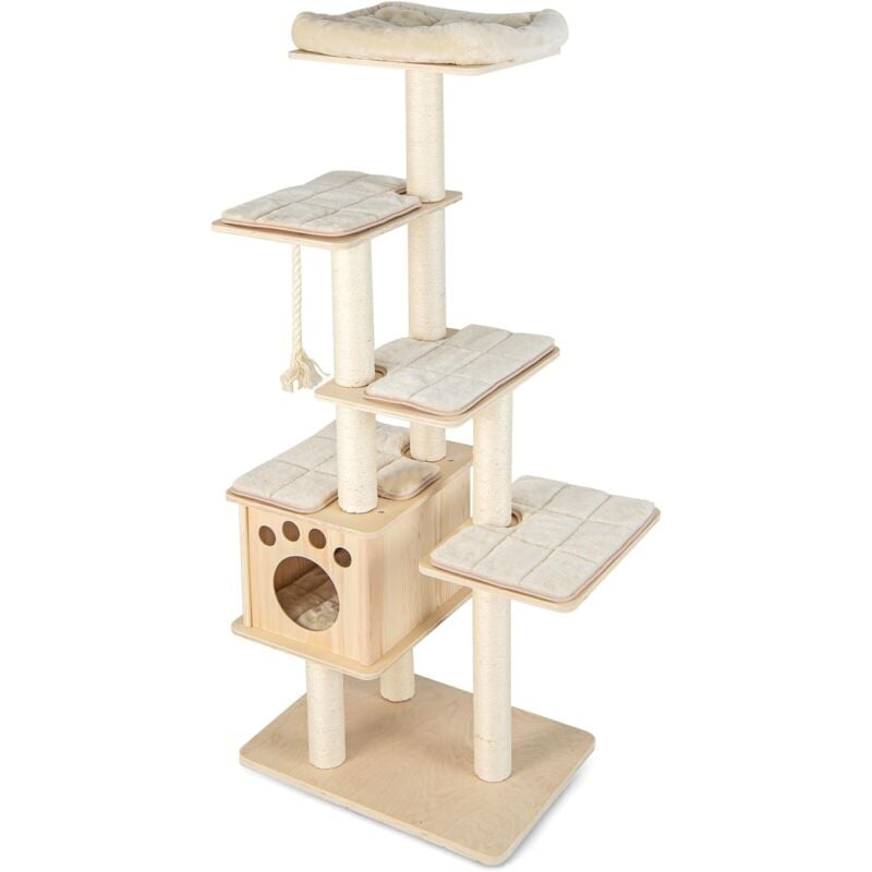 foto del prodotto costway albero tiragraffi per gatti moderno 170 cm, tiragraffi per gatti multistrato con trespolo, superiore nicchia in legno, pali, tiragraffi in