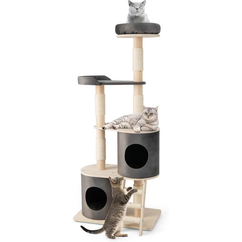 foto del prodotto costway albero tiragraffi per gatti, tiragraffi per gatti multilivello con 2 cucce accoglienti, trespolo in tessuto felpato, piattaforma, pali