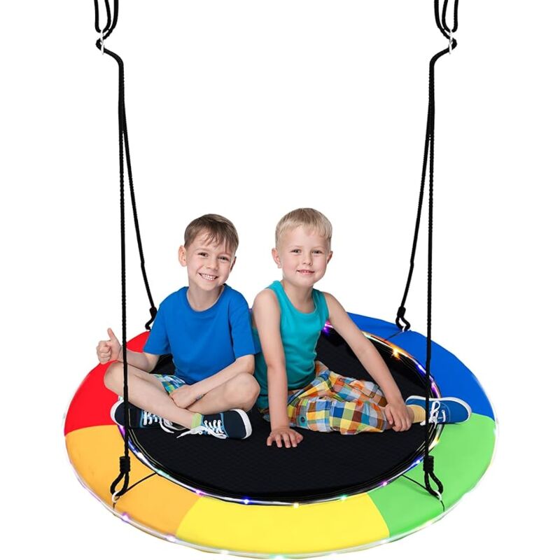 foto del prodotto costway altalena a nido 100 cm per bambini e adulti, altalena rotonda con luci led colorate e 2 funi regolabili, capacit di carico 300 kg da