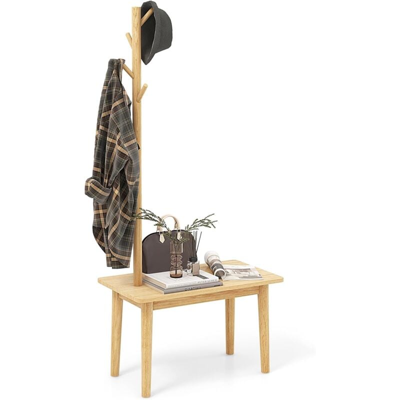 foto del prodotto costway appendiabiti in legno con tavolino, 2 in 1 appendiabiti con panca per scarpe, 3 ganci per cappelli, borse e giacche, attaccapanni per