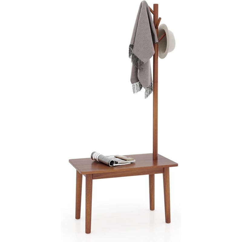 foto del prodotto costway appendiabiti in legno con tavolino, 2 in 1 appendiabiti con panca per scarpe, 3 ganci per cappelli, borse e giacche, attaccapanni per
