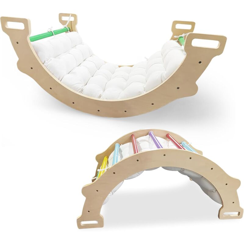 foto del prodotto costway arco da arrampicata per bambini, 2 in 1 altalena ad arco in legno con cuscino morbido, doppia faccia, ideale per bambini 1 anni colorato 
