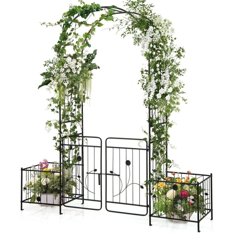 foto del prodotto costway arco da giardino 220 cm, pergolato in metallo con cancello bloccabile e fioriere laterali, arco per piante rampicanti e viti da uva,