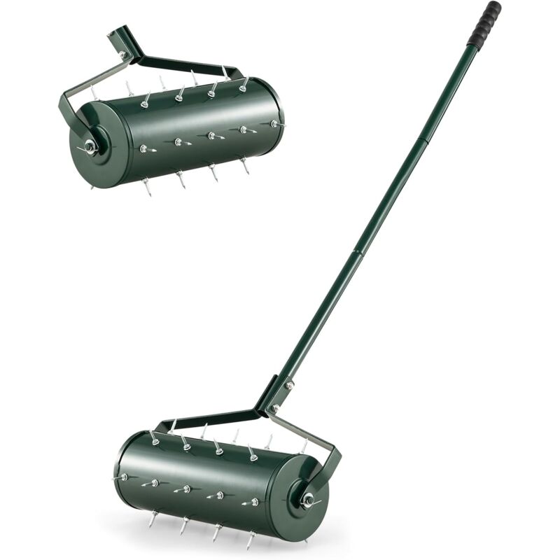 foto del prodotto costway arieggiatore manuale 44 53 cm, strumento con rullo per aerare prato e manico rimovibile e punte per l allentamento del terreno, aerazione