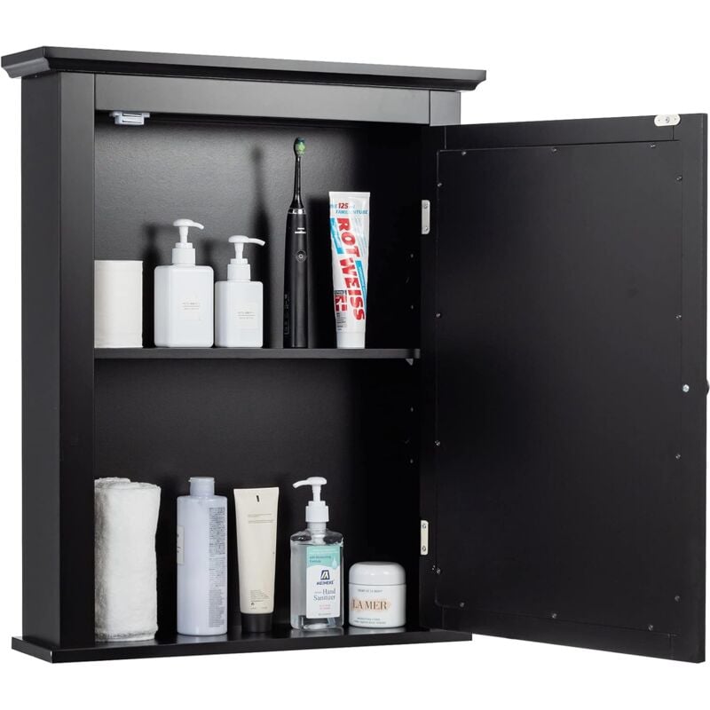 foto del prodotto costway armadietto armadio a specchio da bagno, arredo specchio a parete mobiletto da muro in legno, ripiani regolabili, 56x14x69 cm nero 