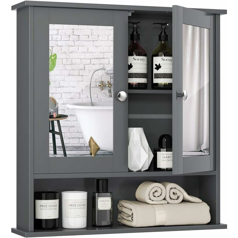 foto del prodotto costway armadietto da bagno con specchio, armadietto da parete con ripiano regolabile, mobile da parete per bagno, 56 x 12,5 x 58 cm grigio 