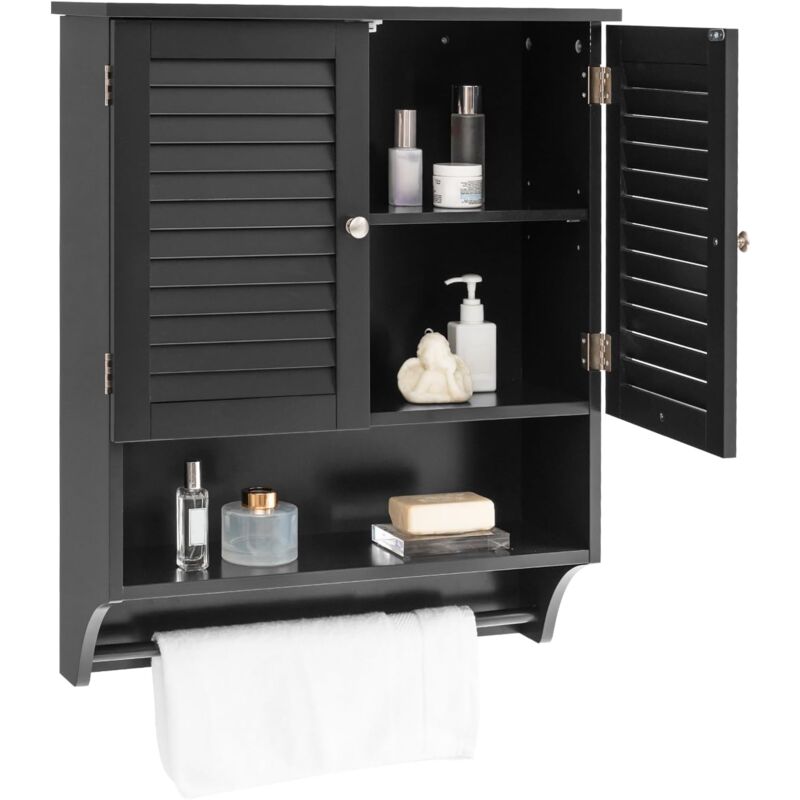 foto del prodotto costway armadietto da bagno sospeso 60x22x75cm, mobile da parete con 2 ante, con ripiano regolabile in 3 posizioni e barra porta asciugamani nero 