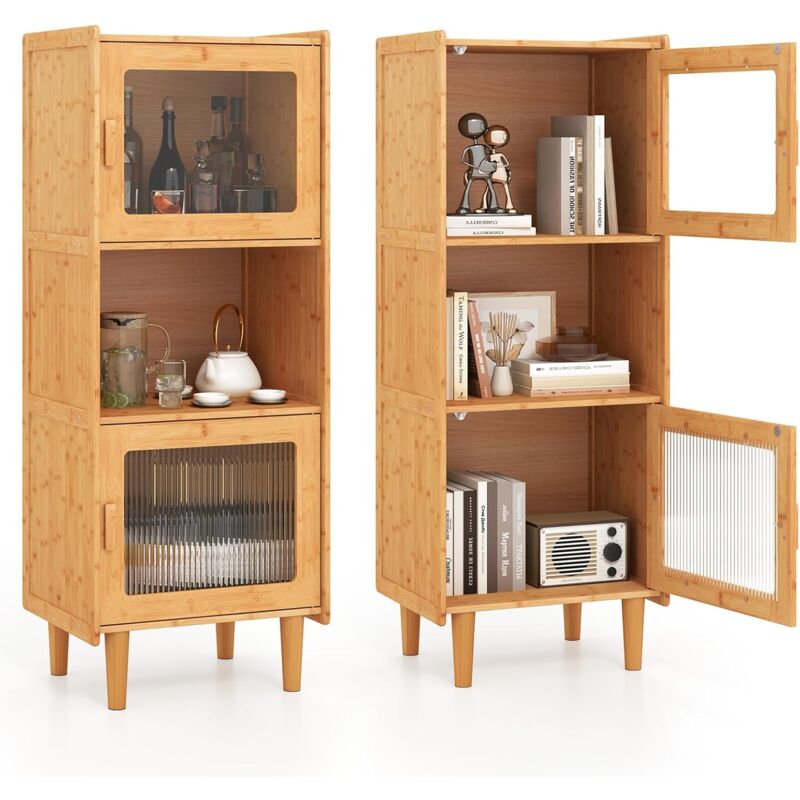 foto del prodotto costway armadietto da cucina a 3 ripiani con 2 ante in acrilico trasparente, credenza espositore in bamb salvaspazio, libreria vetrina per studio