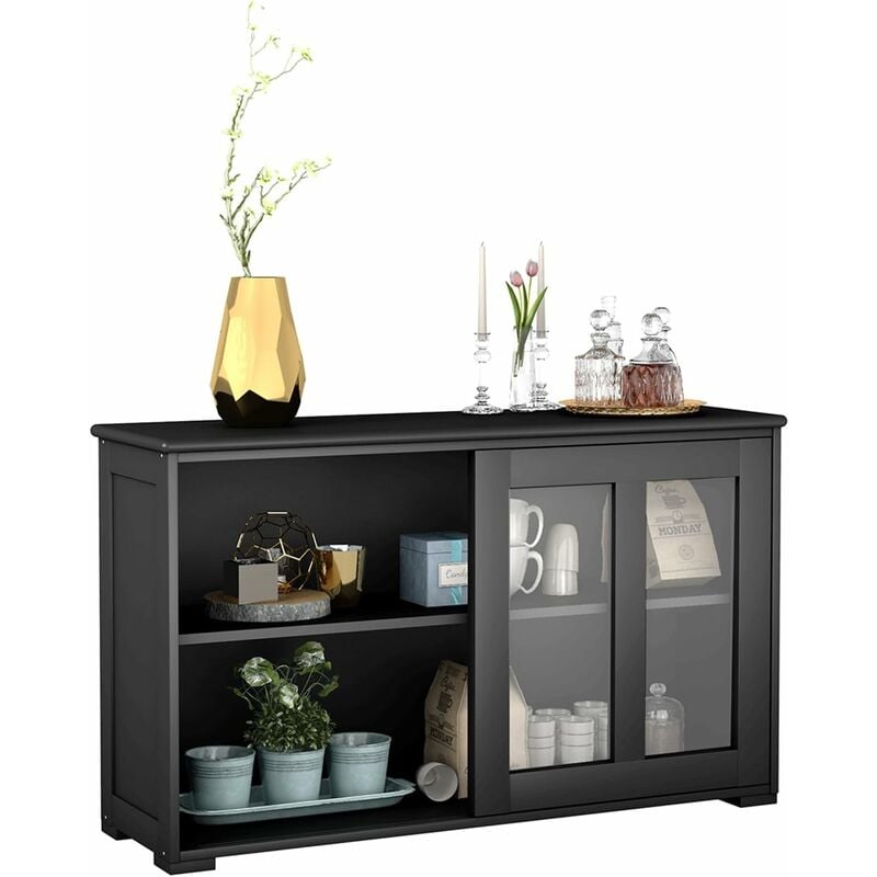 foto del prodotto costway armadietto da cucina mobile laterale multiuso con ante scorrevoli, in mdf e vetro, 106,5 x 33 x 62,5 cm nero 
