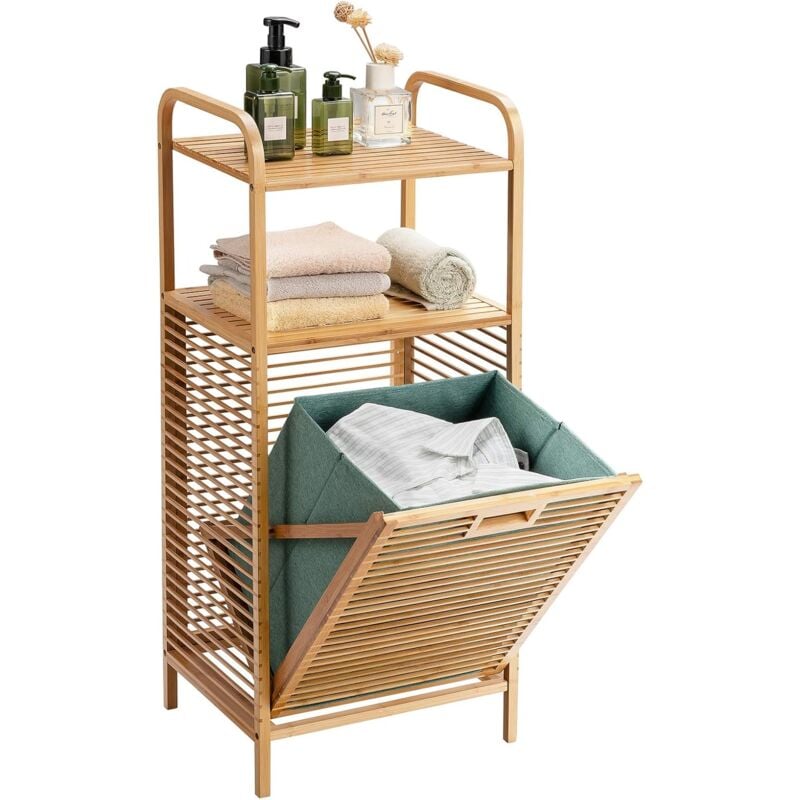 foto del prodotto costway armadietto da terra mobiletto bagno 2 ripiani autoportante, con sacco portabiancheria, adatto anche per camera da letto salotto, in bamb ,