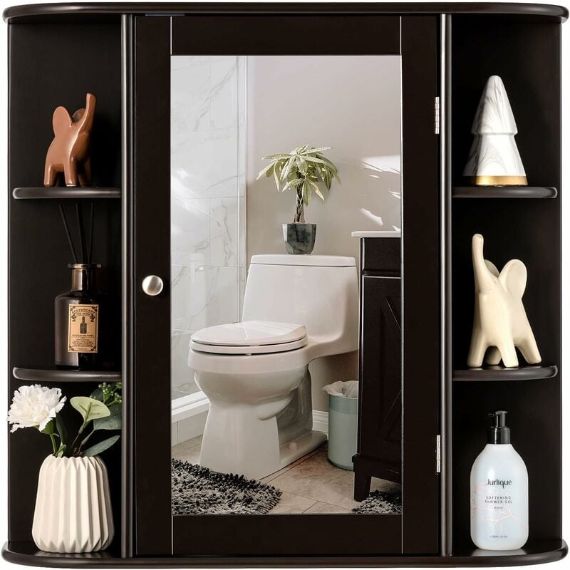 foto del prodotto costway armadietto del bagno con specchio, armadietto di legno appeso con mensole regolabili, armadietto dei medicinali multiuso per bagno salone