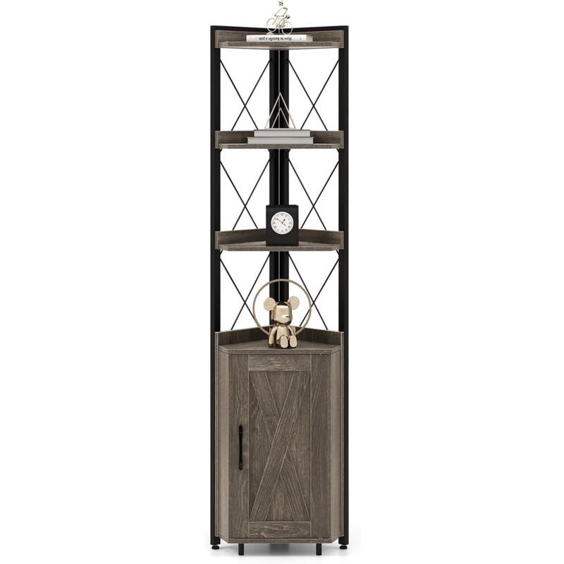 foto del prodotto costway armadietto in legno alto 180 con 4 ripiani aperti, libreria angolare con ante e ripiano regolabile, scaffale mensola salvaspazio per