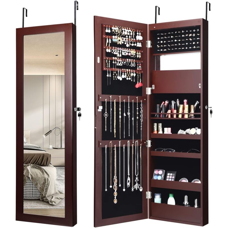 foto del prodotto costway armadietto portagioie a parete, specchio portagioie con 12 luci led, con specchio a figura intera, organizer per gioielli a muro, 37 9 119