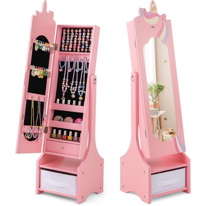 foto del prodotto costway armadietto portagioie per bambini 31,5 x 30 x 115cm, specchio a figura intera a forma di unicorno con ganci, ripiani e cassetti, specchiera