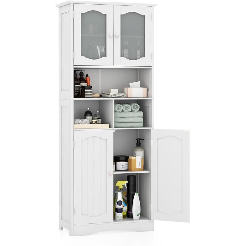 foto del prodotto costway armadietto salvaspazio 60 x 30 x 148.5cm, mobile bagno con scomparti aperti, scaffafli regolabili e 2 porte in vetro temprato, armadio da