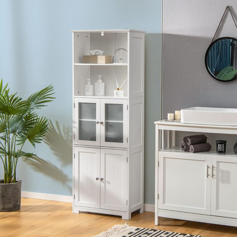 foto del prodotto costway armadio da bagno, mobiletto alto da terra con 2 armadietti e ripiani regolabili, con ante in vetro, mobile portaoggetti multiusi per bagno